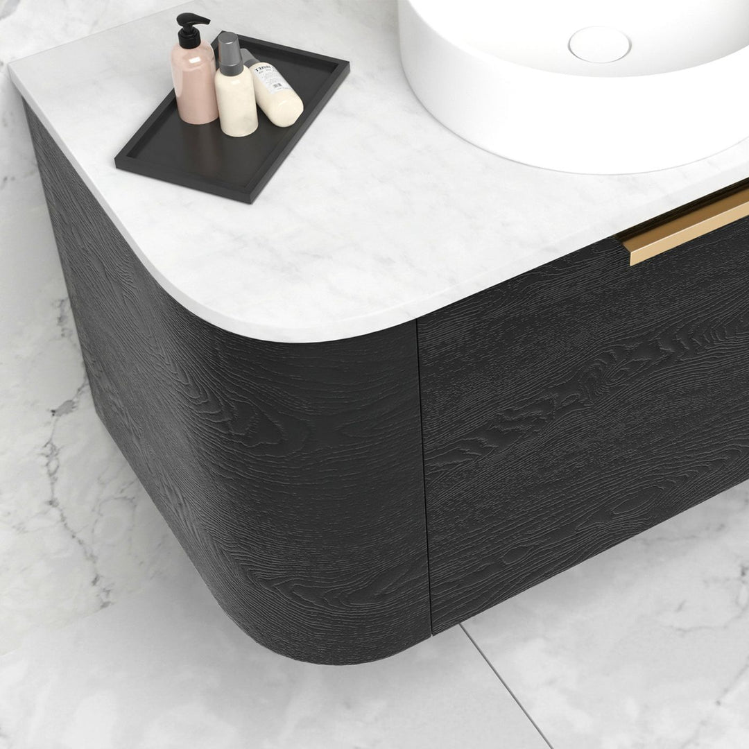Bondi 600mm Black Oak Wall Hung Curve Vanity with Sand Dune Top
