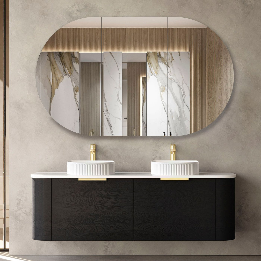 Bondi 1500mm Black Oak Wall Hung Curve Vanity with Sand Dune Top