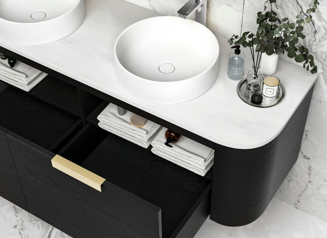 Bondi 1500mm Black Oak Wall Hung Curve Vanity with Sand Dune Top
