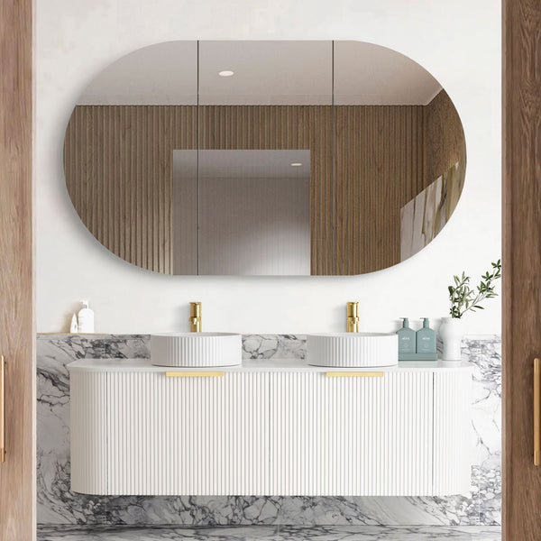 Bondi 1500mm Satin White Fluted Wall Hung Curve Vanity with Sand Dune Top