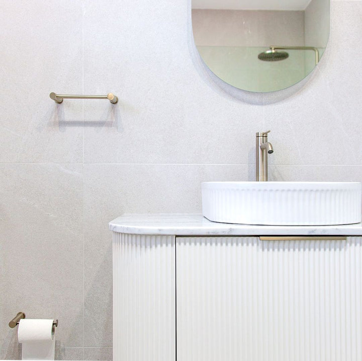 Bondi 1500mm Satin White Fluted Wall Hung Curve Vanity with Sand Dune Top