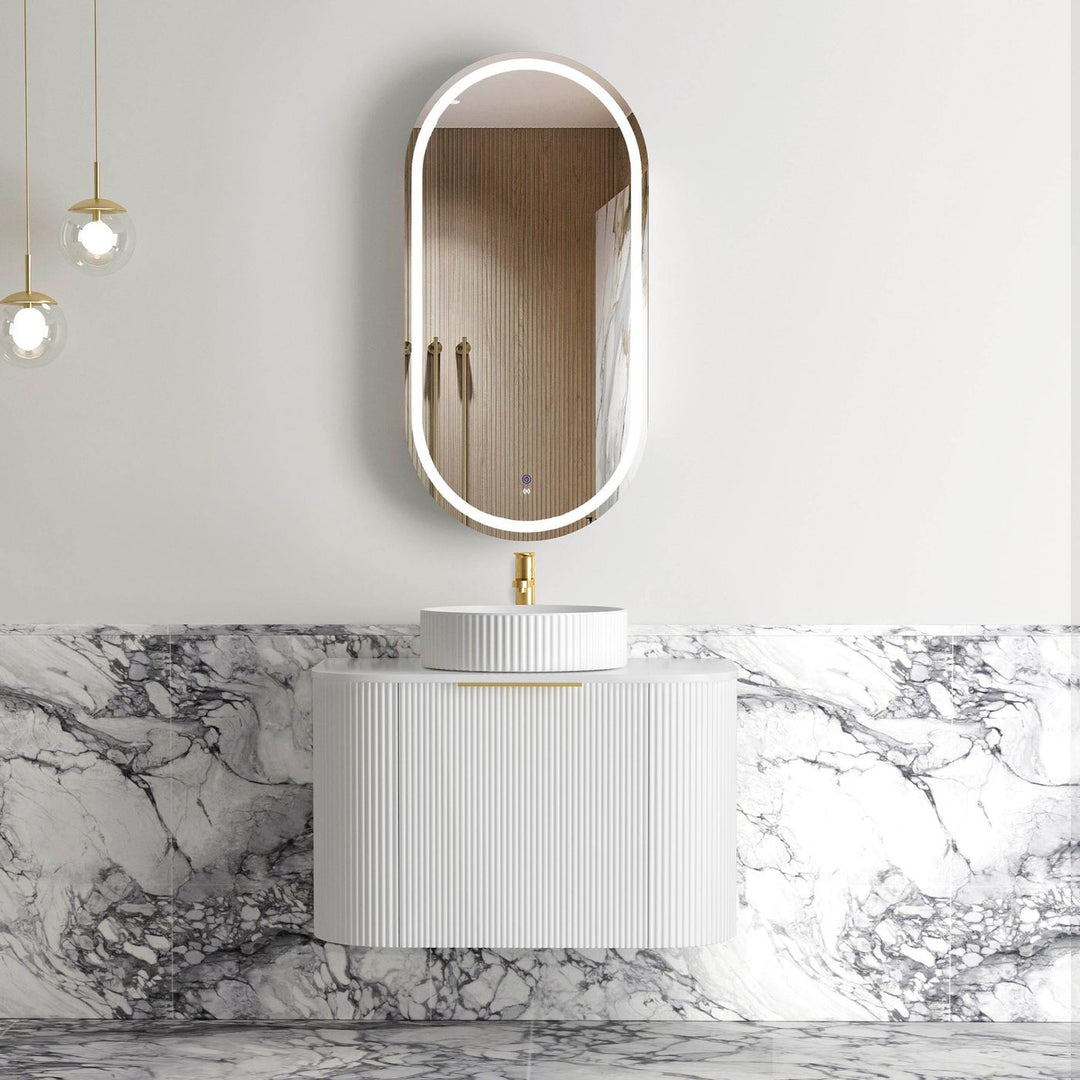 Bondi 750mm Satin White Fluted Wall Hung Curve Vanity with Sand Dune Top