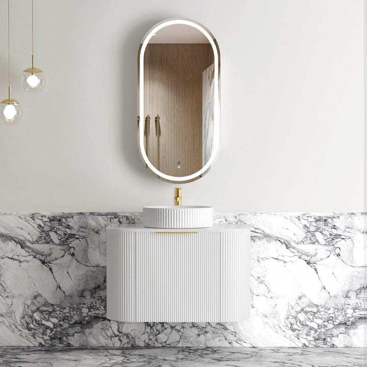 Bondi 750mm Satin White Fluted Wall Hung Curve Vanity with Sand Dune Top