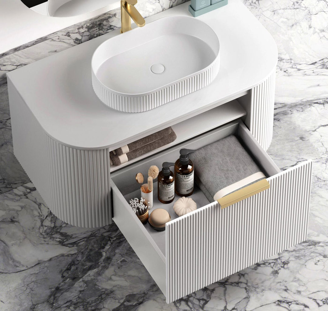 Bondi 750mm Satin White Fluted Wall Hung Curve Vanity with Sand Dune Top