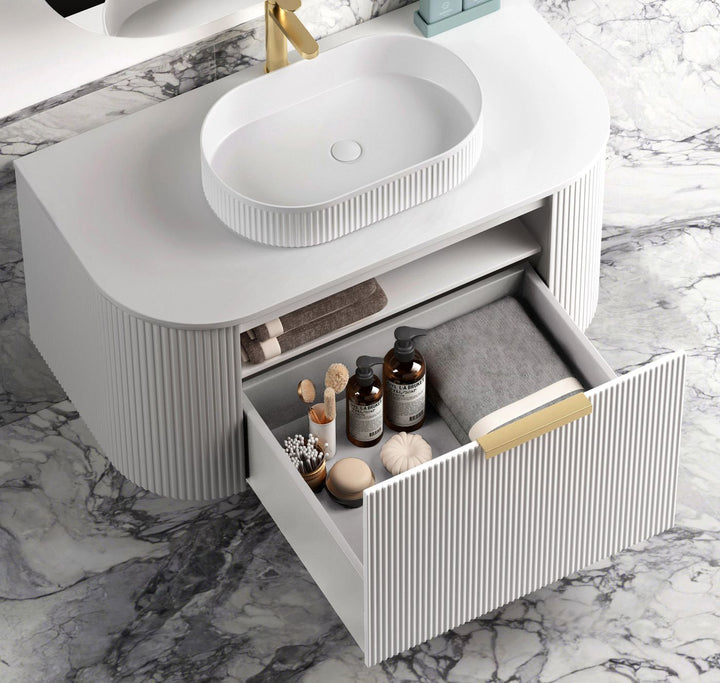 Bondi 750mm Satin White Fluted Wall Hung Curve Vanity with Sand Dune Top
