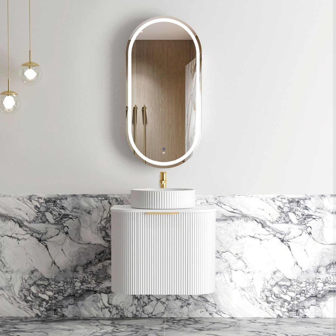 Bondi 600mm Satin White Fluted Wall Hung Curve Vanity (12TH & NTH Only)