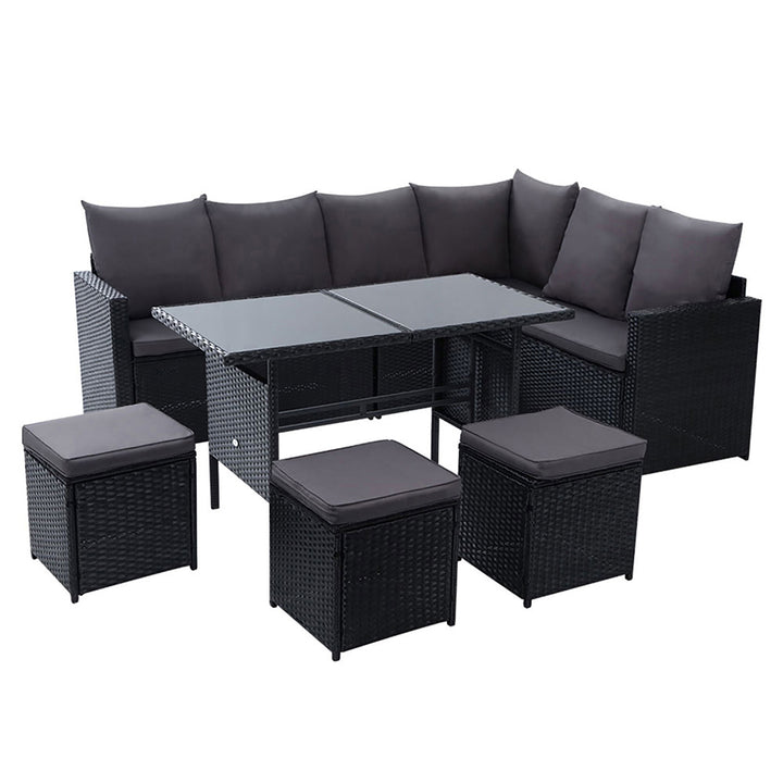 Garden Outdoor Dining Set Sofa Lounge Setting Chairs Table Ottoman Black Cover