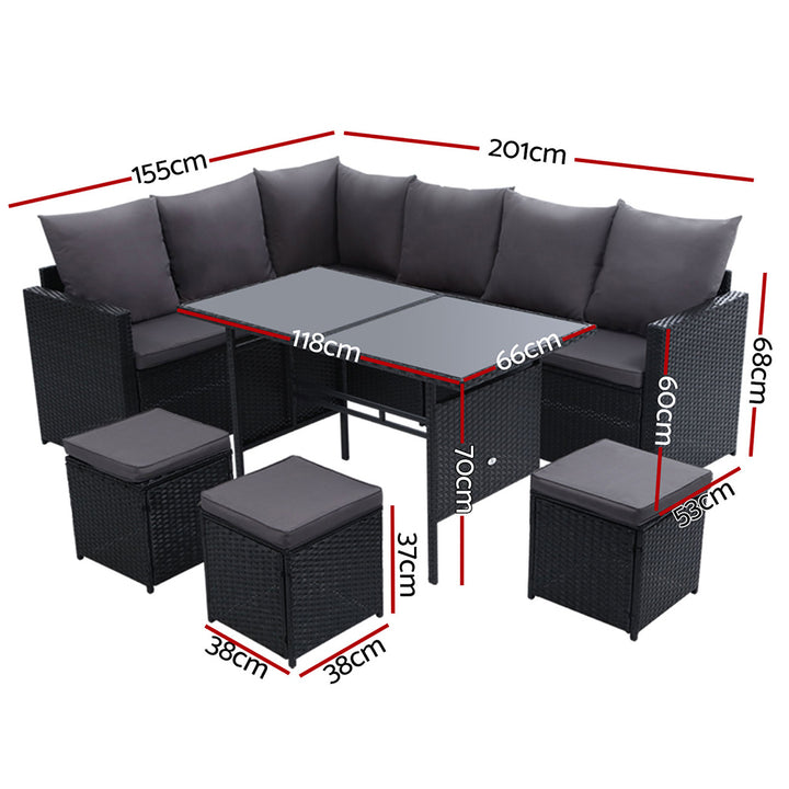 Garden Outdoor Dining Set Sofa Lounge Setting Chairs Table Ottoman Black Cover