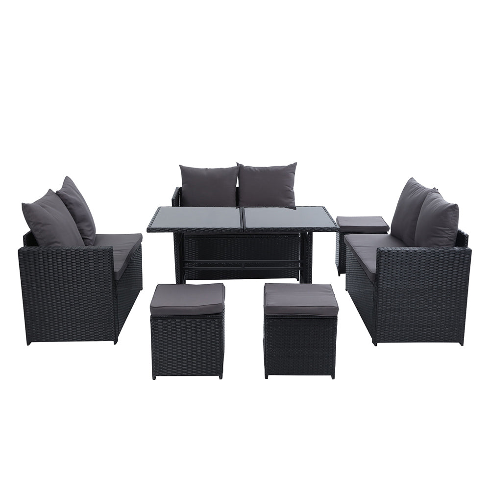 Garden Outdoor Dining Set Sofa Lounge Setting Chairs Table Ottoman Black Cover