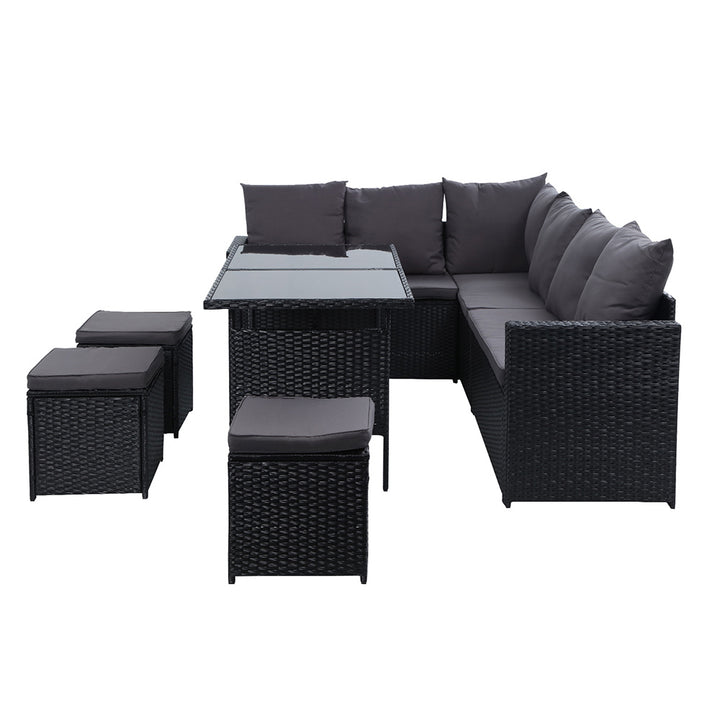 Garden Outdoor Dining Set Sofa Lounge Setting Chairs Table Ottoman Black Cover