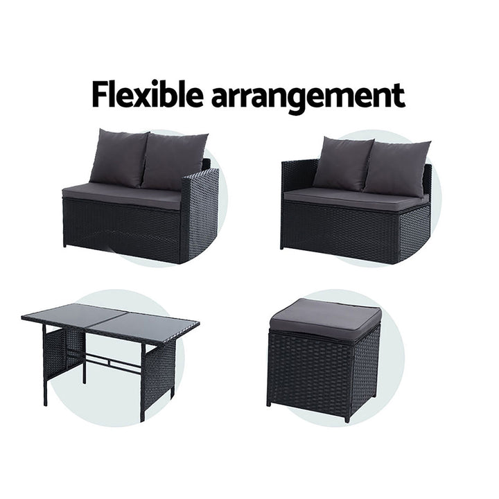 Garden Outdoor Dining Set Sofa Lounge Setting Chairs Table Ottoman Black Cover