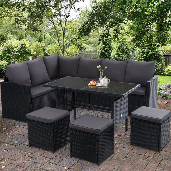 Garden Outdoor Dining Set Sofa Lounge Setting Chairs Table Ottoman Black Cover