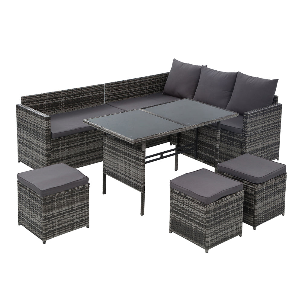 Gardeon outdoor dining set with sofa lounge, chairs, table, and ottoman in grey with protective cover – Pilbara Bathroom Warehouse Perth and regional Western Australia