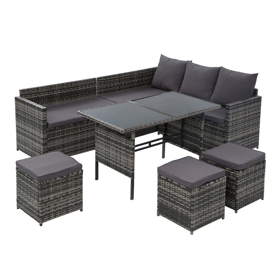 Gardeon outdoor dining set with sofa lounge, chairs, table, and ottoman in grey with protective cover – Pilbara Bathroom Warehouse Perth and regional Western Australia