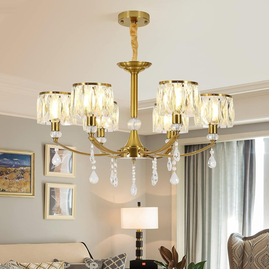 Gold Chandelier 6 Lights Wagon Wheel with Clear Crystals – Pilbara Bathroom Warehouse Perth and regional Western Australia